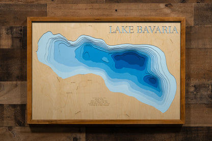 3D wooden lake map of Lake Bavaria in Carver County, MN, showcasing detailed depth layers and contours.