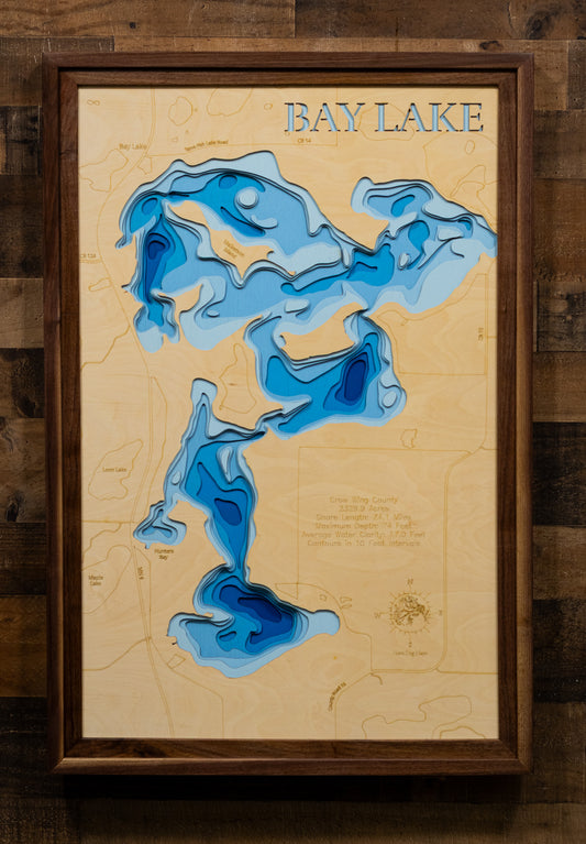 Laser-engraved relief map of 3d Depth map of Bay Lake in Crow Wing County, MN, crafted from wood with high precision.