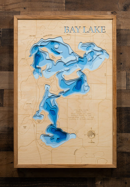 Laser-engraved relief map of 3d Depth map of Bay Lake in Crow Wing County, MN, crafted from wood with high precision.