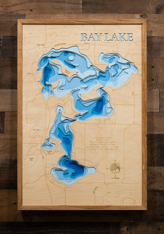 Laser-engraved relief map of 3d Depth map of Bay Lake in Crow Wing County, MN, crafted from wood with high precision.
