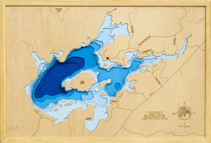 Unique wooden lake map of Bear Island Lake in St. Louis County, MN, featuring intricate depth details.