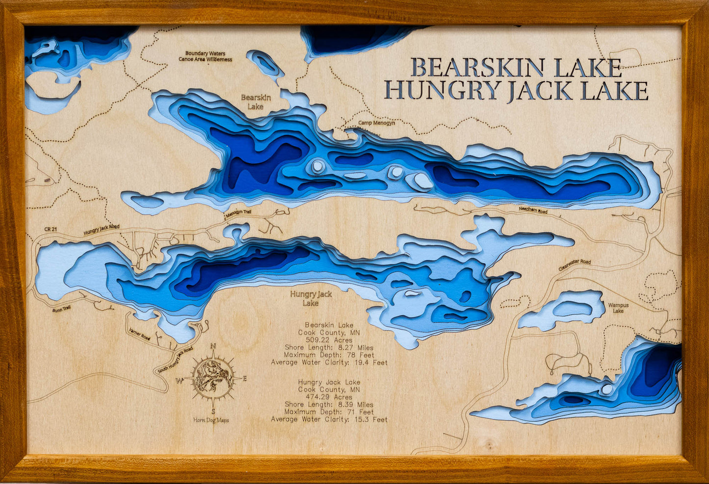 3D wooden lake map of Bearskin Lake and Hungry Jack Lake in Cook County, MN, showcasing detailed depth layers and contours.