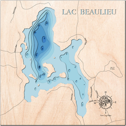 Unique wooden lake map of Lake Beaulieu in Quebec, Canada, featuring intricate depth details.