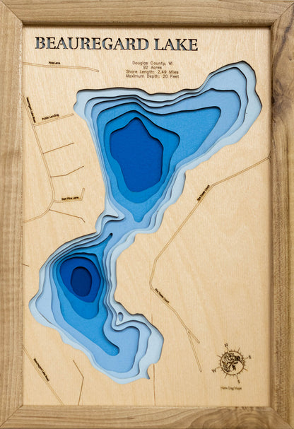 Beauregard Lake in Douglas County, WI engraved wood map, showcasing accurate topographical features.