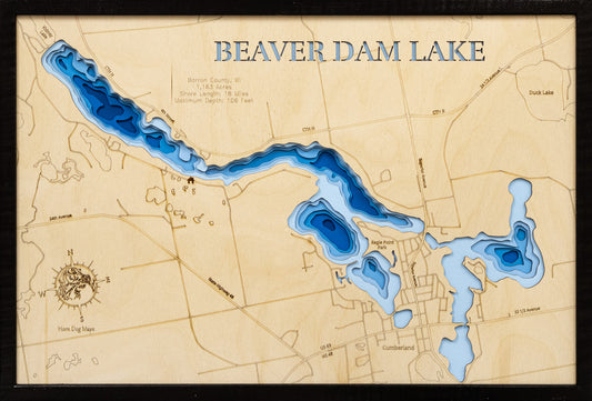 3D wooden lake map of Beaver Dam Lake in Barron County, WI, showcasing detailed depth layers and contours.