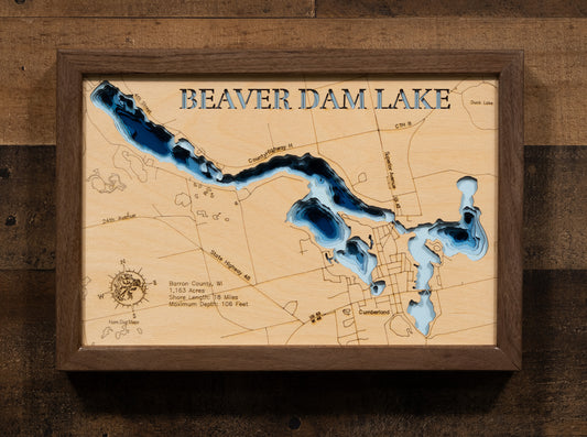 3D wooden lake map of Beaver Dam Lake in Barron County, WI, showcasing detailed depth layers and contours.