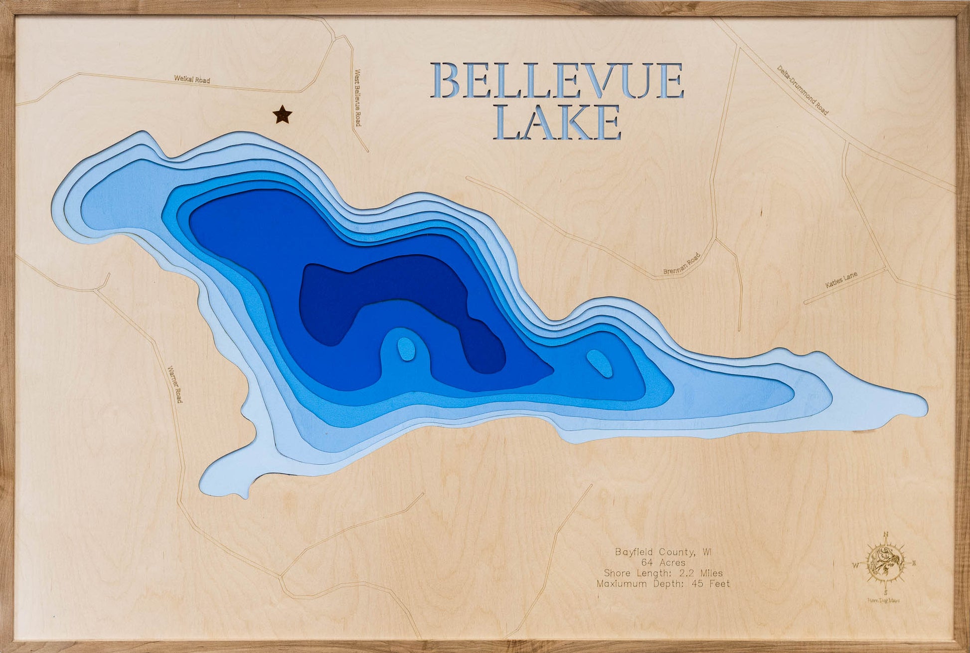 Exquisite wooden map of Bellevue Lake in Bayfield County, WI with detailed lakebed features.