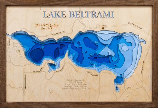 Precision-cut wooden map of Beltrami Lake in Beltrami County, MN, perfect for unique decor.