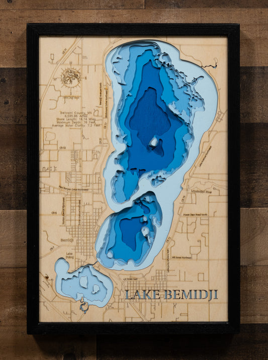 Unique wooden lake map of Lake Bemidji in Beltrami County, Minnesota, featuring intricate depth details.