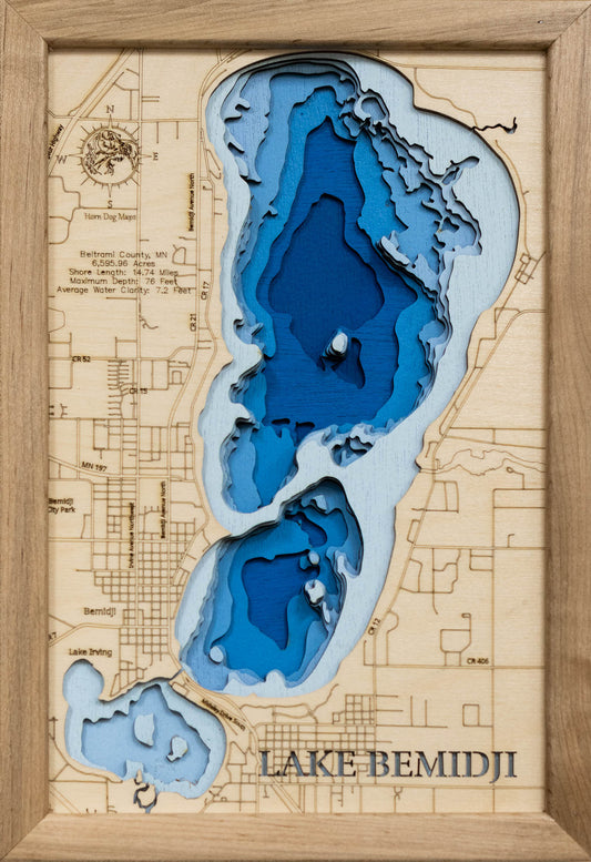 Unique wooden lake map of Lake Bemidji in Beltrami County, Minnesota, featuring intricate depth details.