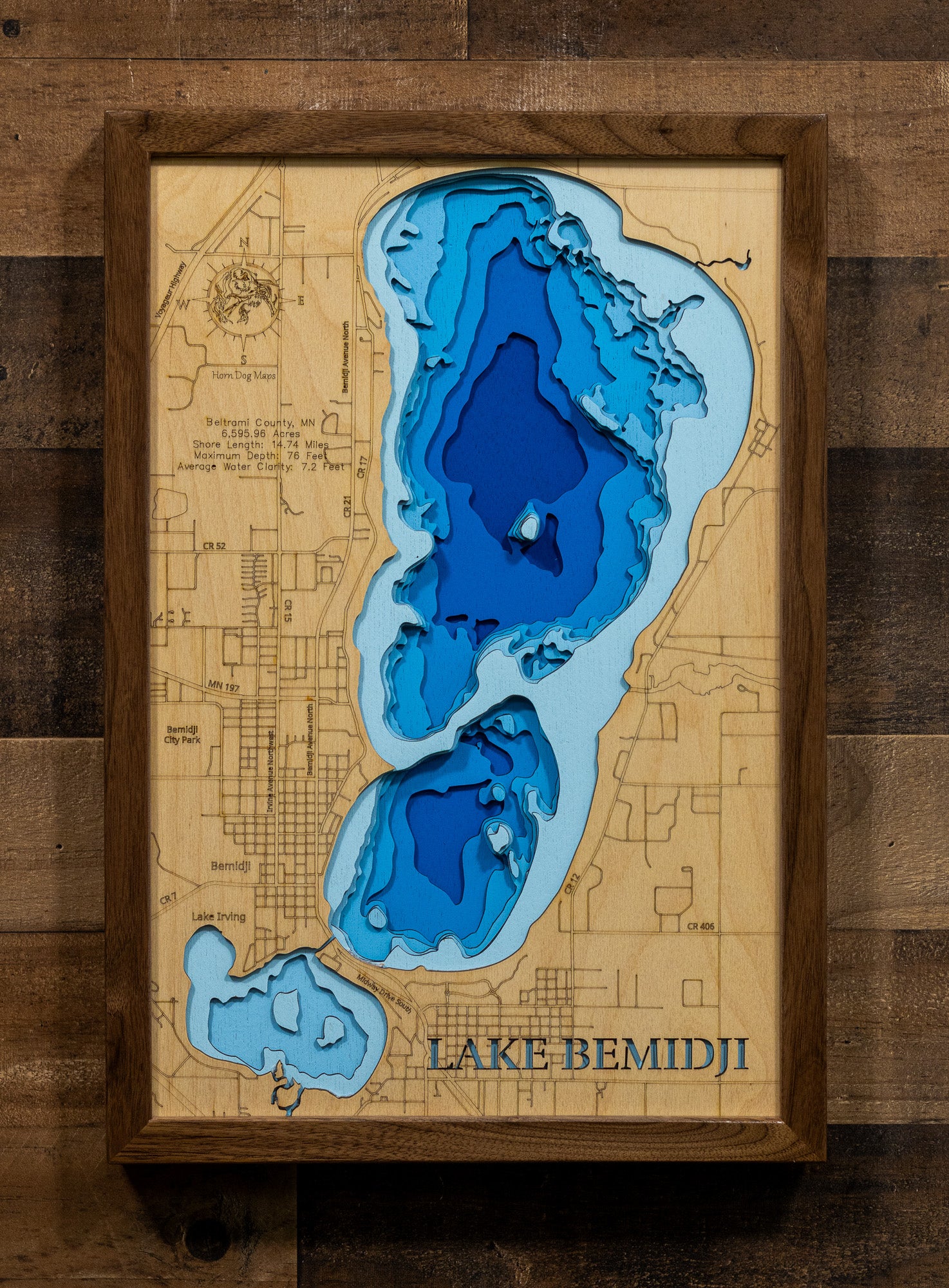 Unique wooden lake map of Lake Bemidji in Beltrami County, Minnesota, featuring intricate depth details.