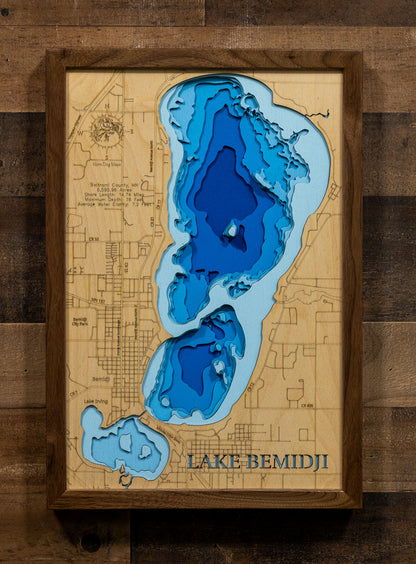 Unique wooden lake map of Lake Bemidji in Beltrami County, Minnesota, featuring intricate depth details.