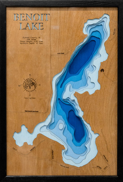 Artisanally carved wooden lake map of Benoit Lake in Burnett County, WI, highlighting bathymetry.