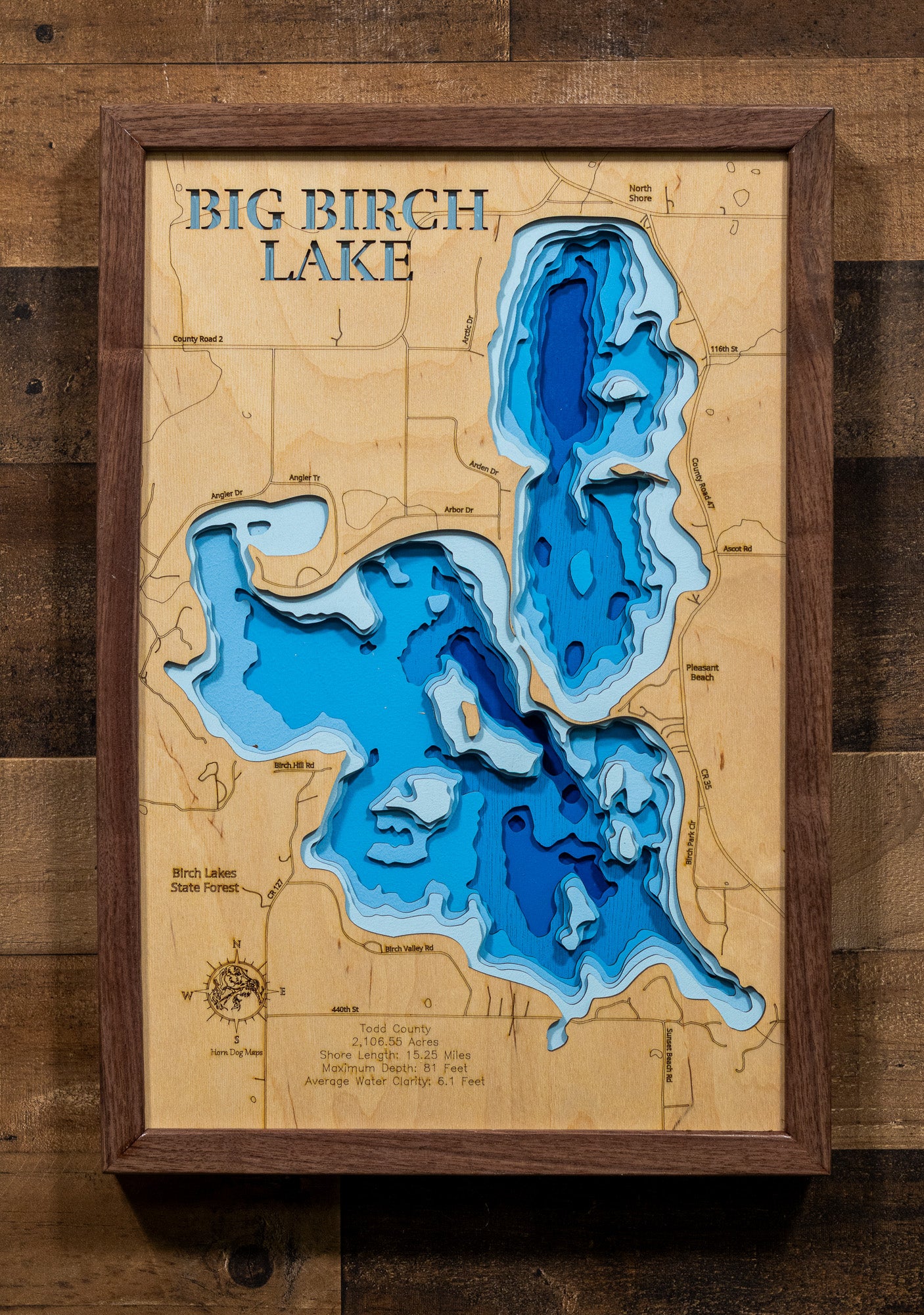 Decorative 3D wooden lake map of Big Birch Lake in Todd County, MN, crafted with care.