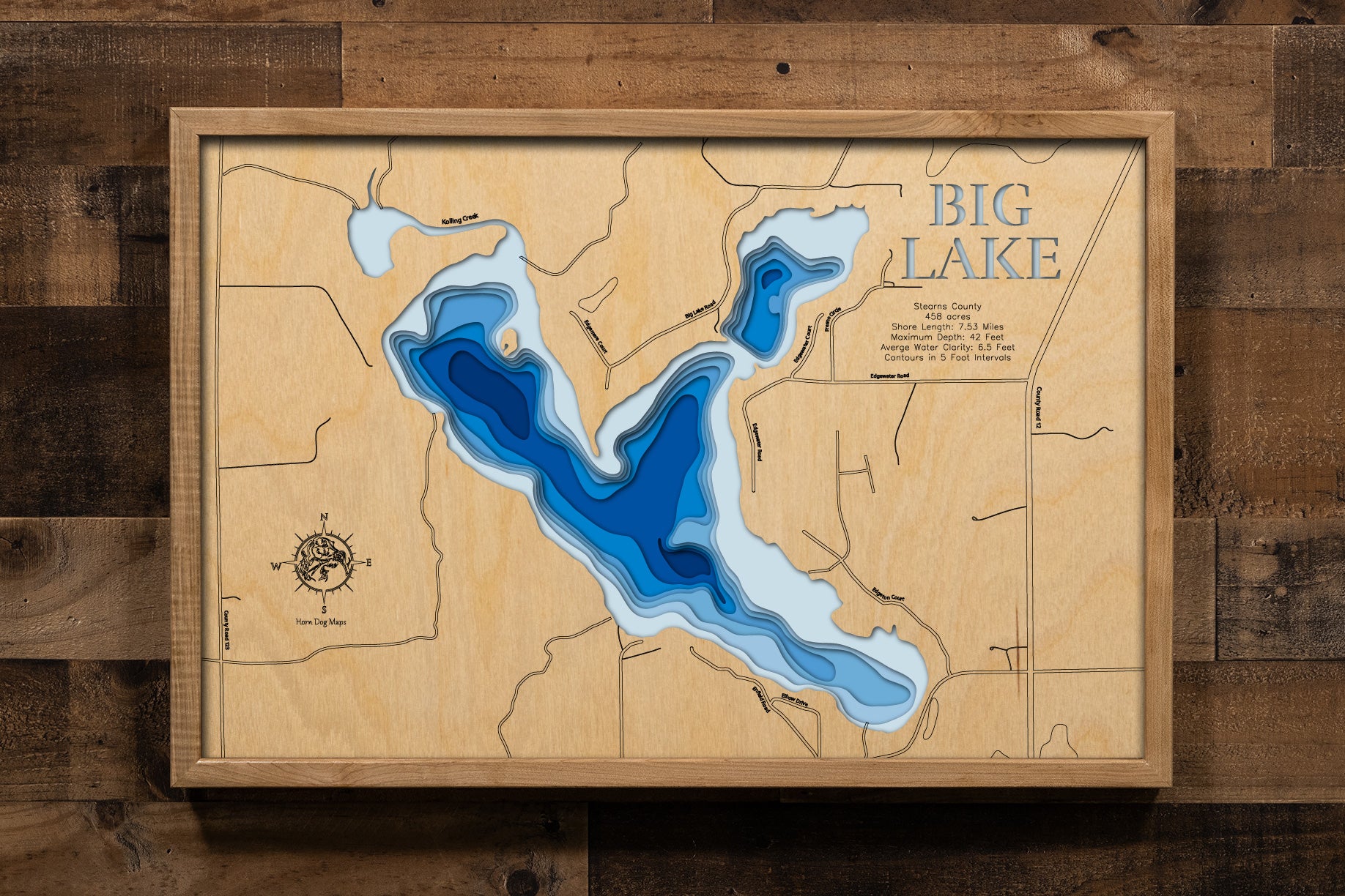 Big Lake in Stearns County MN 3d wooden lake map