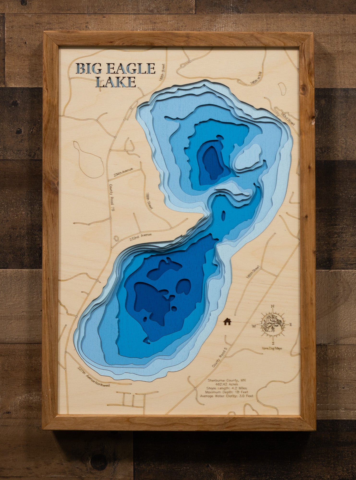 Eagle Lake in Sherburne County, MN custom 3D wood map, perfect for home decor and gifts.