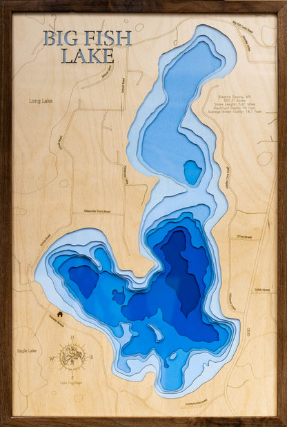 Artisanally carved wooden lake map of Big Fish Lake in Stearns County, MN, highlighting bathymetry.