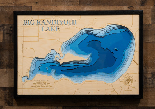 Exquisite wooden map of Big Kandiyohi Lake in Kandiyohi County, MN with detailed lakebed features.