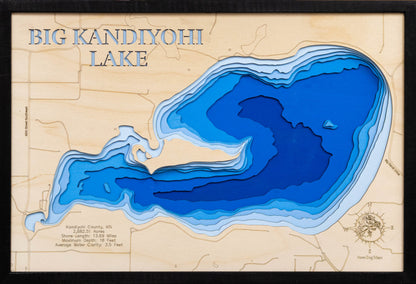 Exquisite wooden map of Big Kandiyohi Lake in Kandiyohi County, MN with detailed lakebed features.