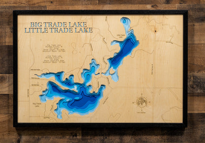 Custom wooden map of Big Trade Lake in Burnett County, WI with layered depth highlights.