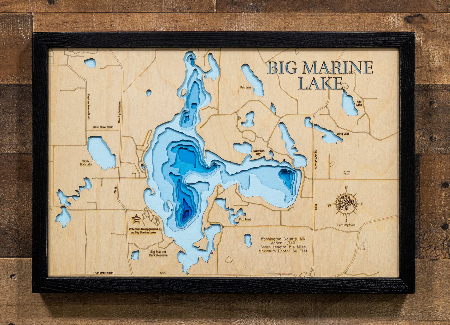 High-definition wooden relief map of Big Marine  Lake in  Washington County, MN, handmade for durability.