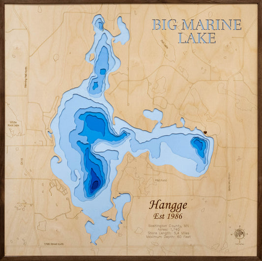 High-definition wooden relief map of Big Marine  Lake in  Washington County, MN, handmade for durability.