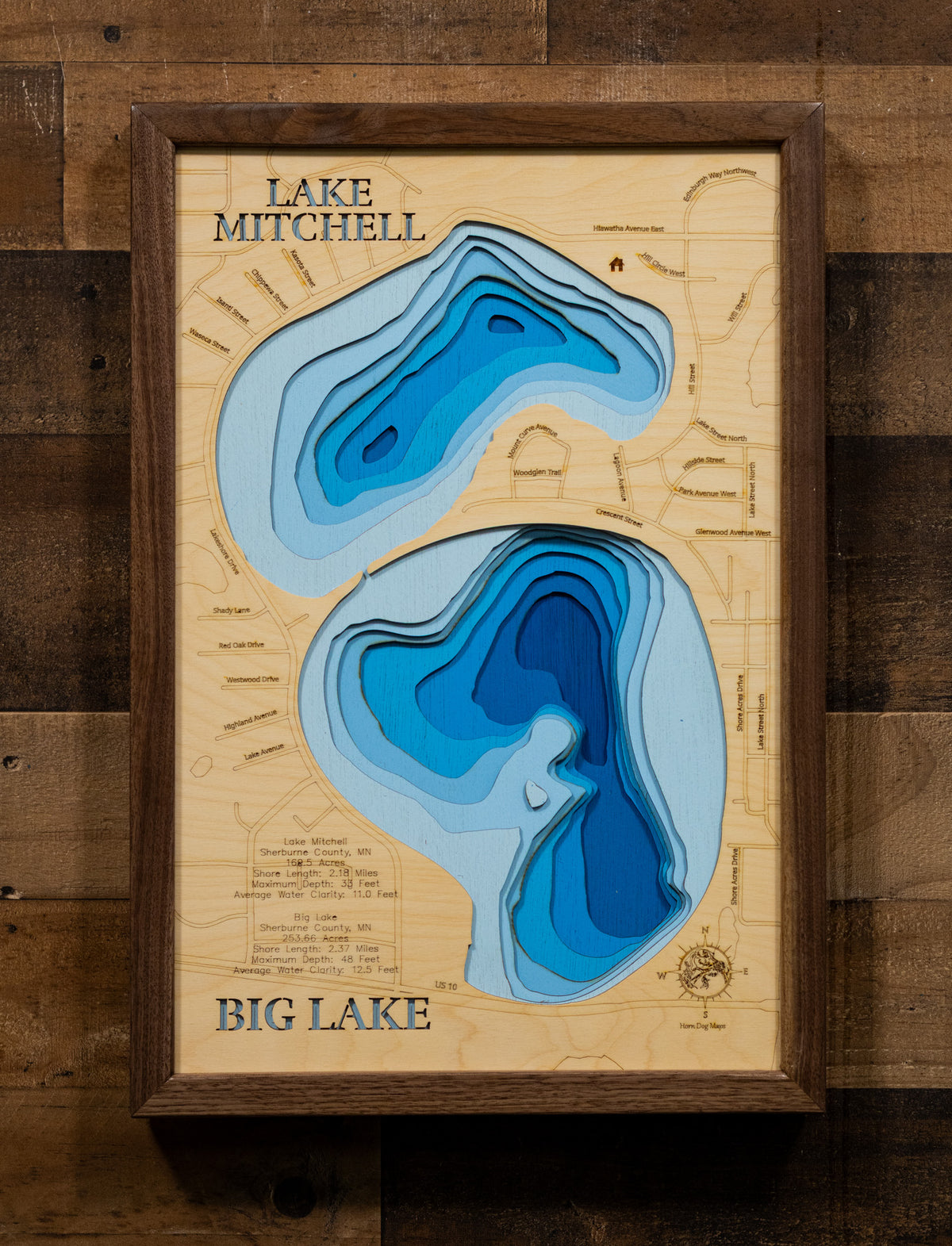 Precision-cut wooden map of Big Lake and Lake Mitchell in County, MN, perfect for unique decor.