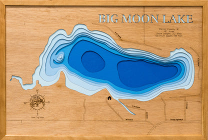 3D wooden lake map of Big Moon Lake in Barron County, WI, showcasing detailed depth layers and contours.