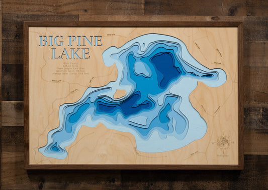 High-definition wooden relief map of 3d Depth map of Big Pine Lake in Aitkin County, MN, handmade for durability.