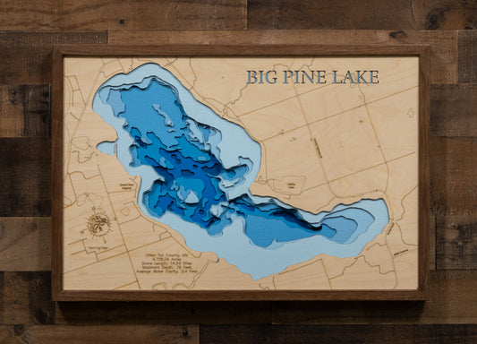 Laser-engraved relief map of 3d Depth map of Big Pine Lake in Otter Tail County, MN, crafted from wood with high precision.