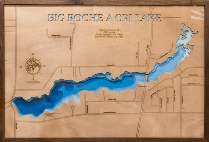 Big Roche a Cri Lake in Adams County, WI in stunning 3D wood map design, with detailed topography.