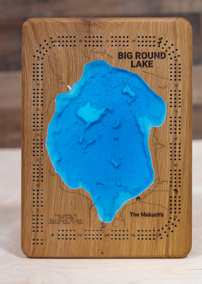 Big Round Lake in Polk County,  WI engraved wood map, showcasing accurate topographical features.