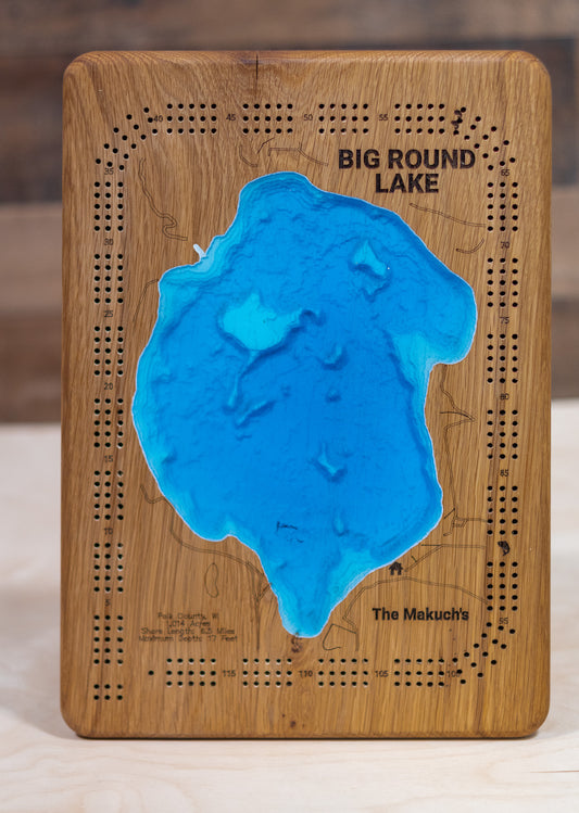 Big Round Lake in Polk County,  WI engraved wood map, showcasing accurate topographical features.