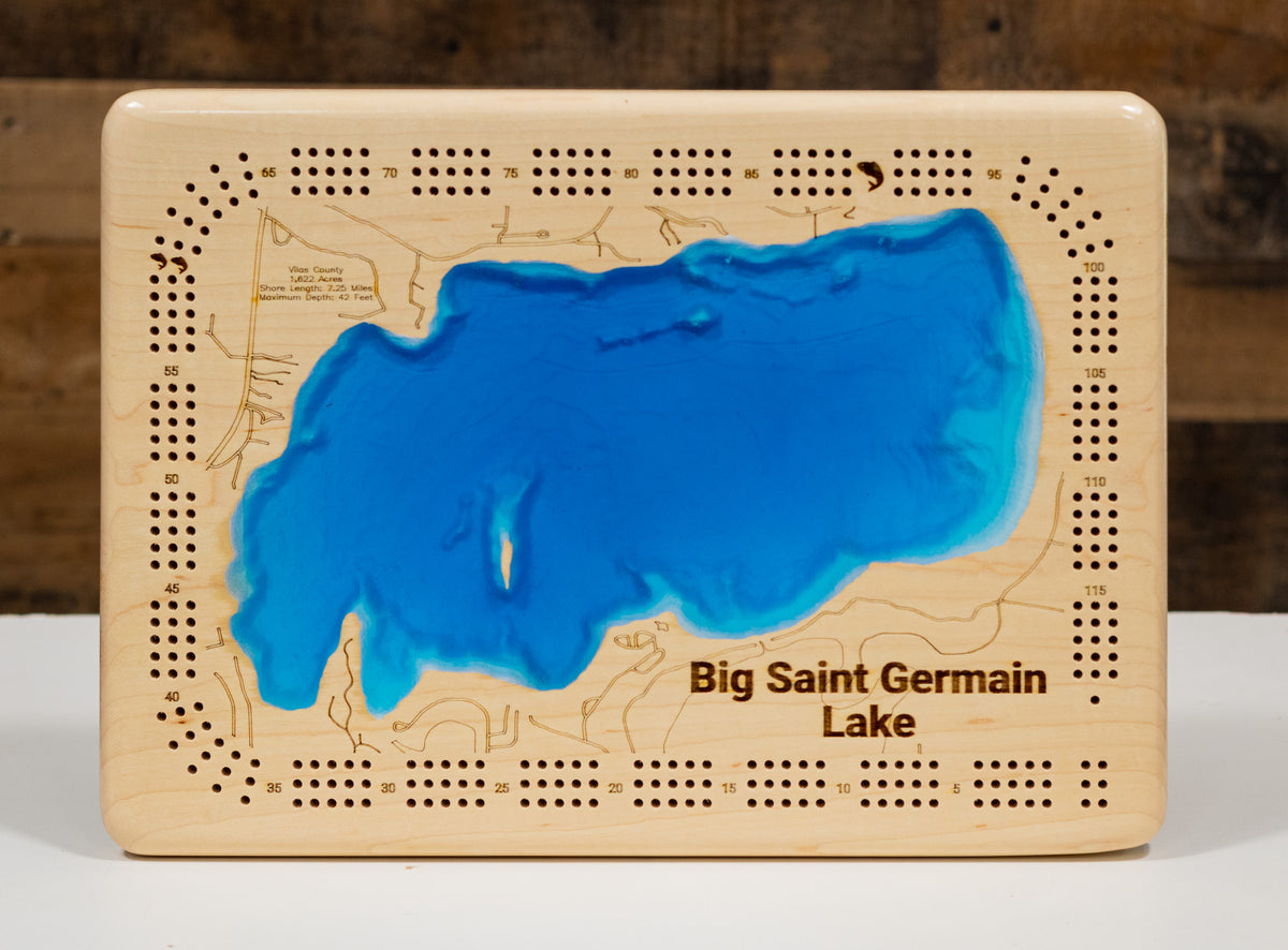 Custom wooden map of Big Saint Germain Lake in Vilas County, WI with layered depth highlights.