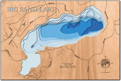 3D wooden lake map of Big Sand Lake in Vilas County, WI, showcasing detailed depth layers and contours.