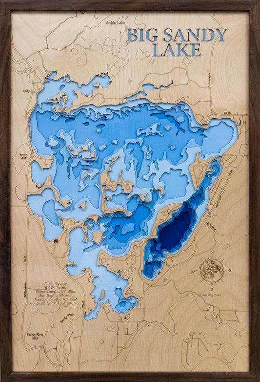 3d Depth Map of Big Sandy Lake in Aitkin County, MN custom 3D wood map, perfect for home decor and gifts.