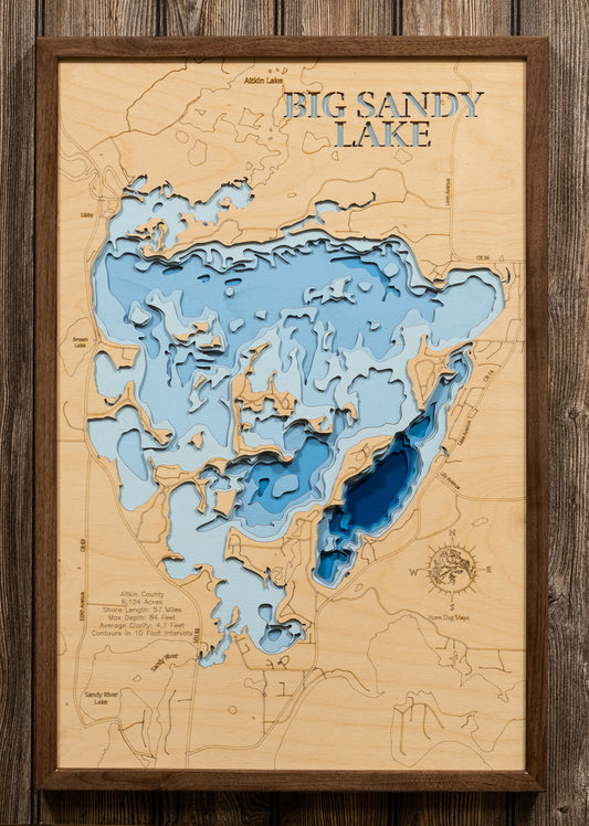 3d Depth Map of Big Sandy Lake in Aitkin County, MN custom 3D wood map, perfect for home decor and gifts.