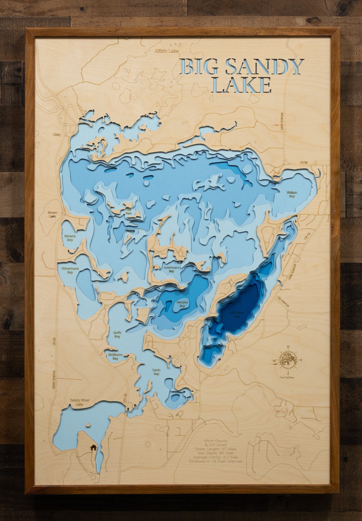 3d Depth Map of Big Sandy Lake in Aitkin County, MN custom 3D wood map, perfect for home decor and gifts.