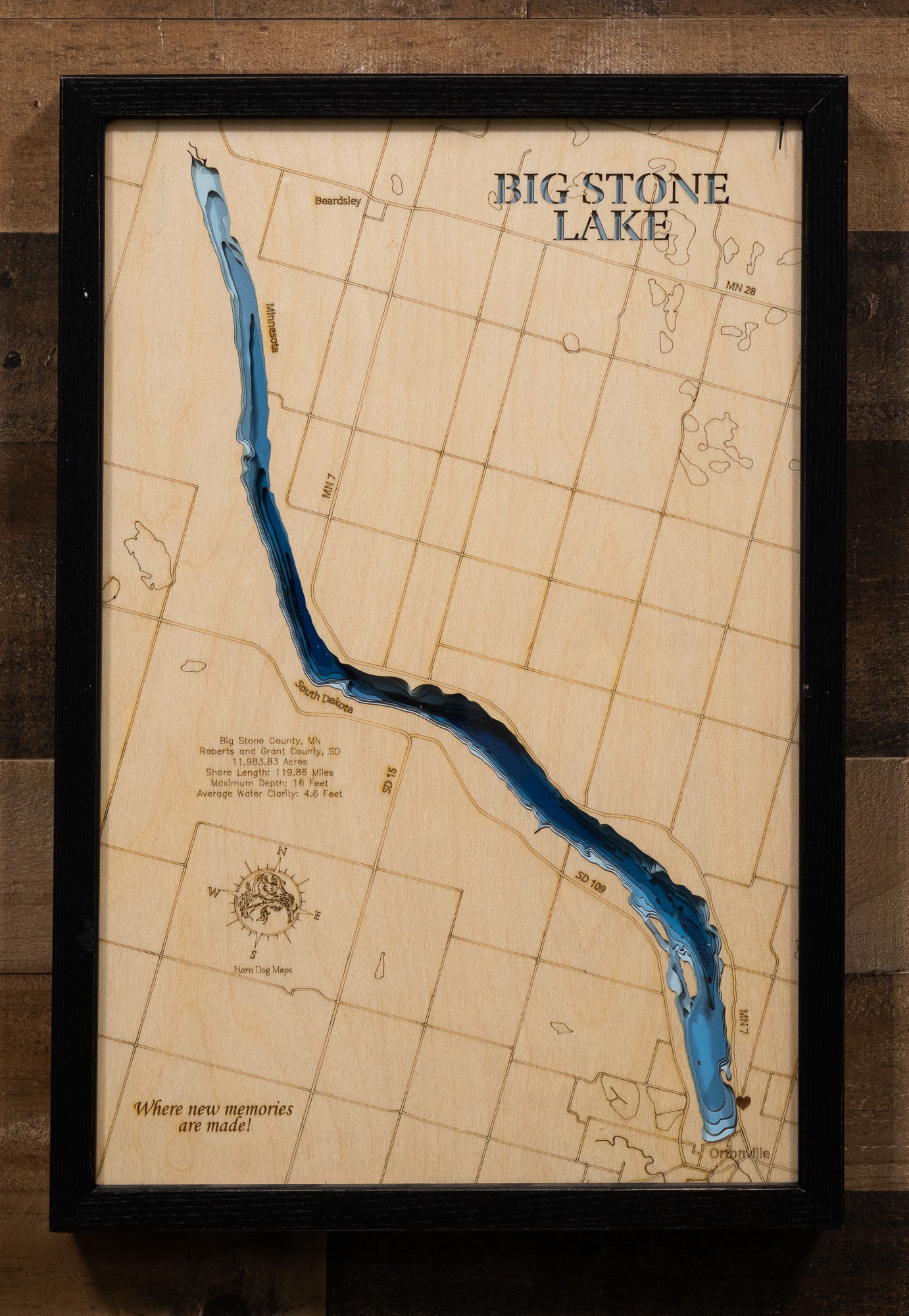 Custom wooden map of Big Stone Lake in Big Stone County, MN and Roberts and Grant Counties, SD with layered depth highlights.