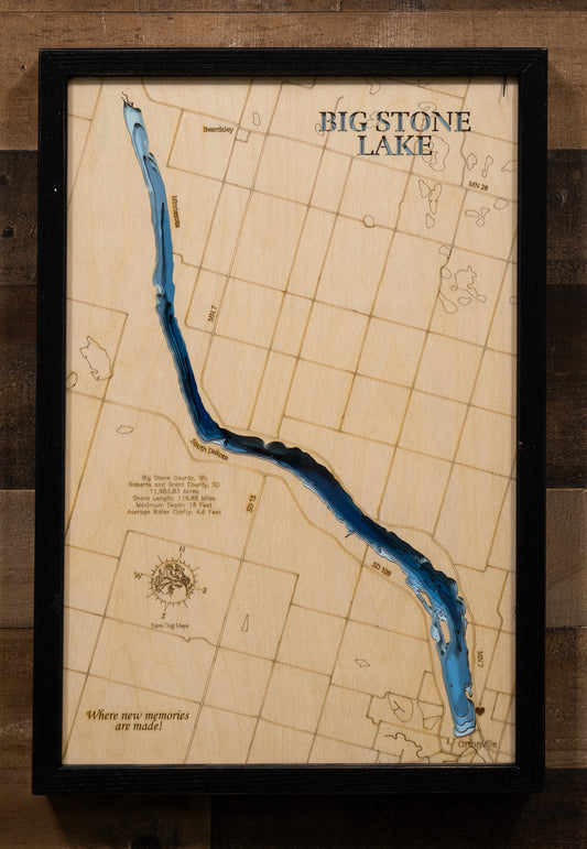 Custom wooden map of Big Stone Lake in Big Stone County, MN and Roberts and Grant Counties, SD with layered depth highlights.
