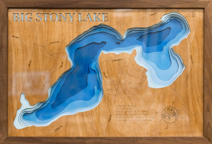 Detailed wooden relief map of Big Stony Lake in Hubbard County Minnesota, showcasing its natural beauty.