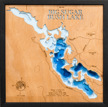 Big Sugar Bush Lake in Becker County, MN custom 3D wood map, perfect for home decor and gifts.