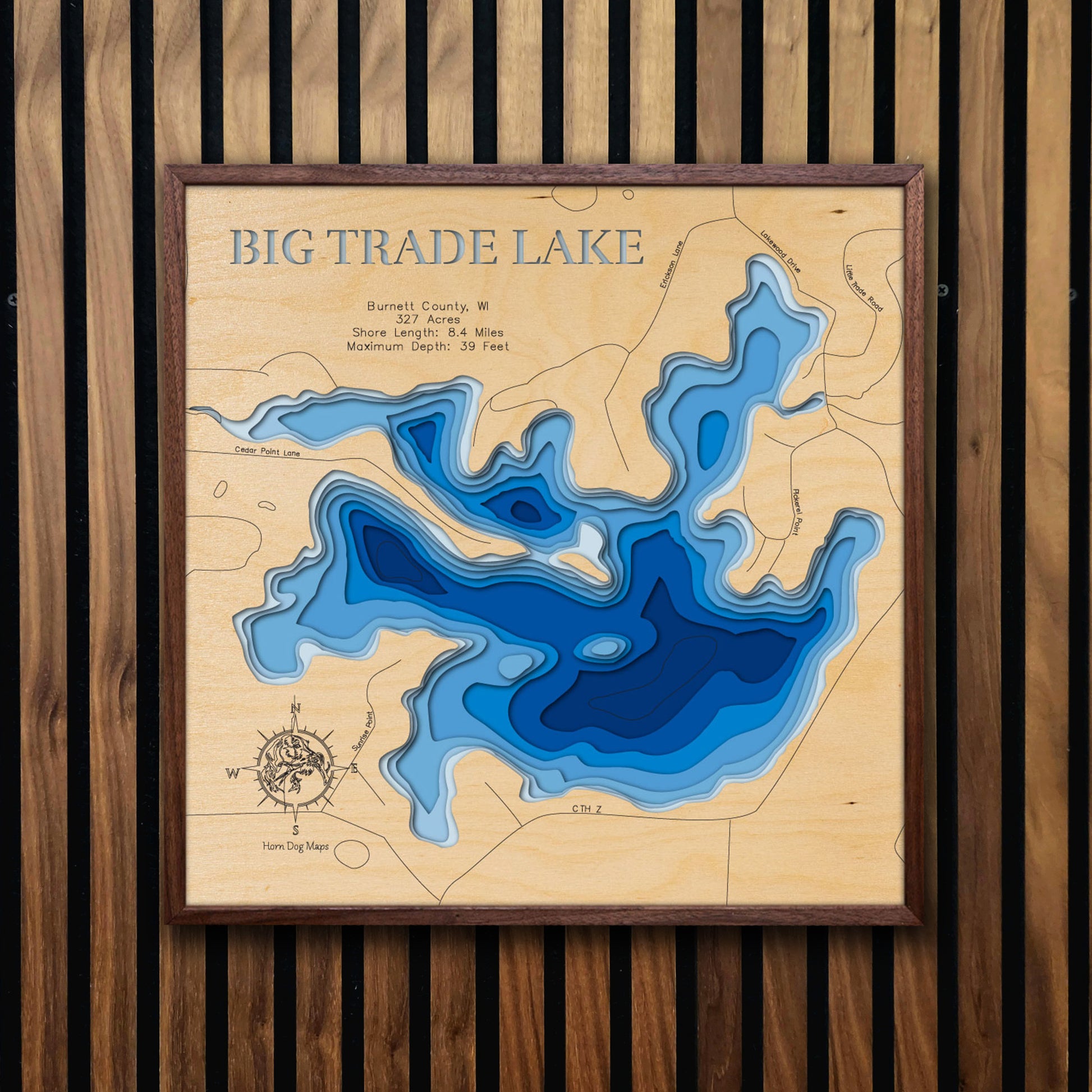 Custom wooden map of Big Trade Lake in Burnett County, WI with layered depth highlights.