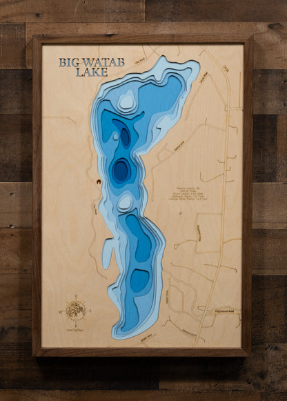 Big Watab Lake in Stearns County, MN engraved wood map, showcasing accurate topographical features.