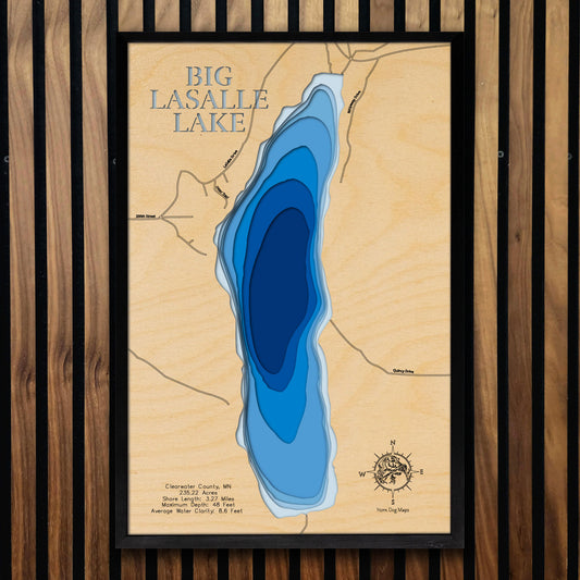 High-definition wooden relief map of Big LaSalle Lake in Clearwater County, MN, handmade for durability.