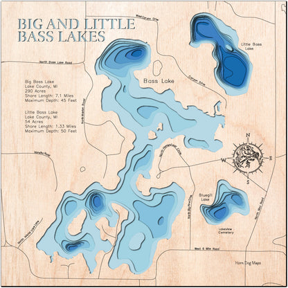 Artisanally carved wooden lake map of Big and Little Bass Lakes in Lake County, MI, highlighting bathymetry.