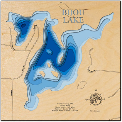 Decorative 3D wooden lake map of Bijou Lake in Becker County, MN &nbsp;, crafted with care.