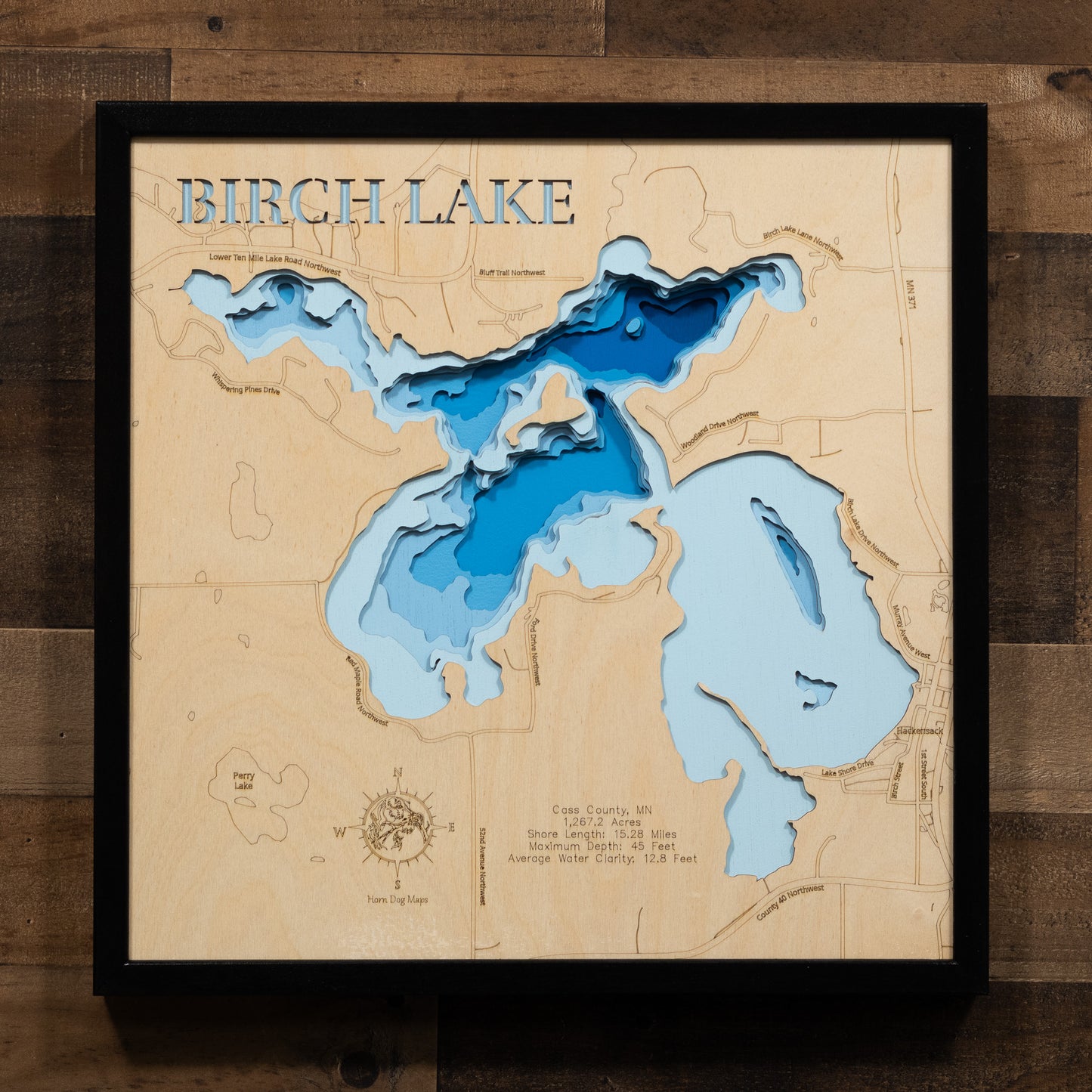 Exquisite wooden map of Birch Lake in Cass County, MN with detailed lakebed features.