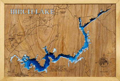 Exquisite wooden map of Birch Lake in St. Louis County, MN with detailed lakebed features.