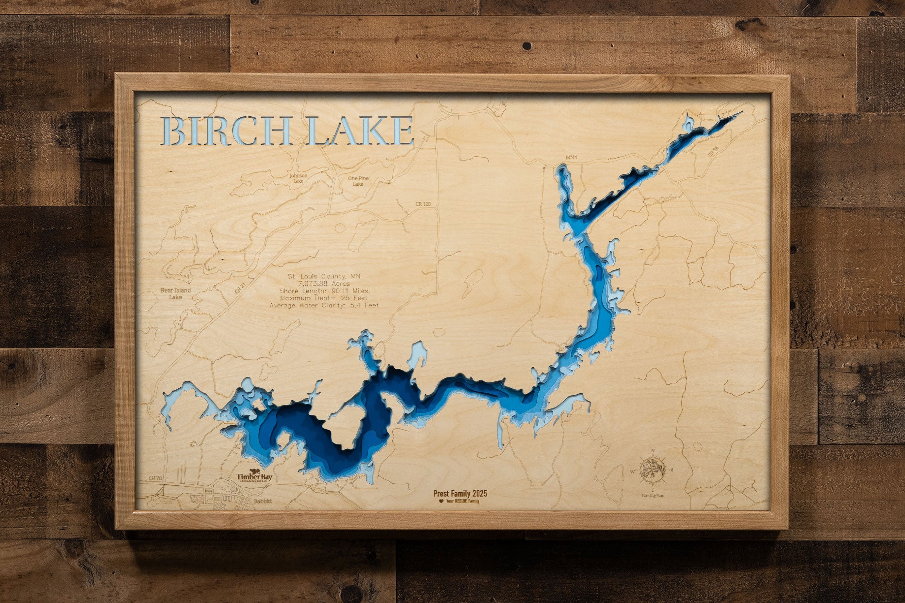 Exquisite wooden map of Birch Lake in St. Louis County, MN with detailed lakebed features.